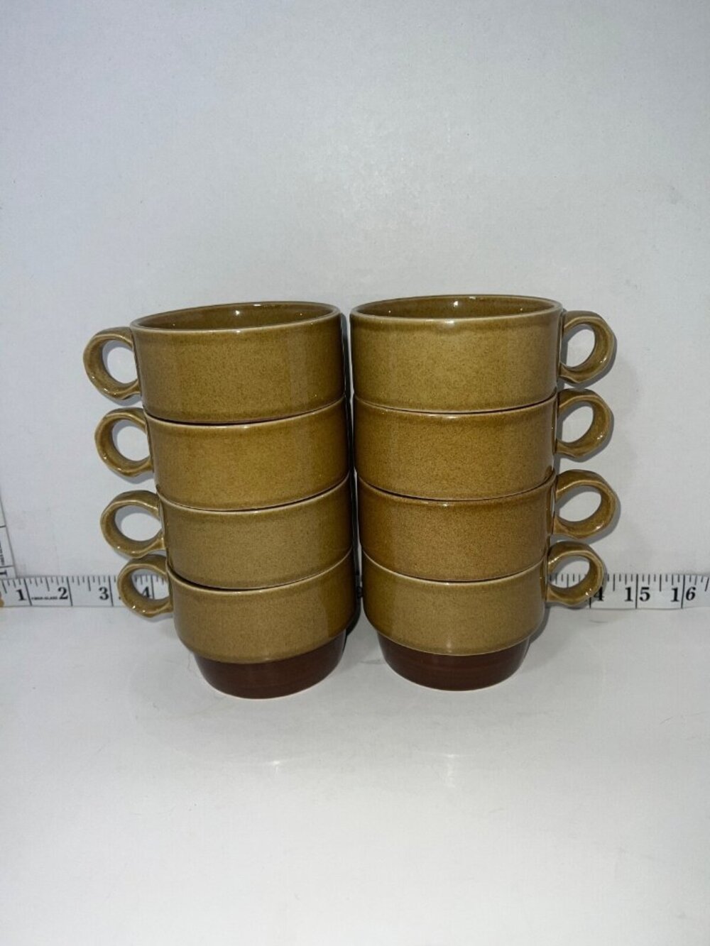 8 Vintage MCM Ekco CANOE Cup Mug Genuine Stoneware 2 Tone Brown Stackable
